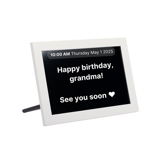 10.1 inch Memoryboard on white background with a reminder message to grandma about an upcoming birthday
