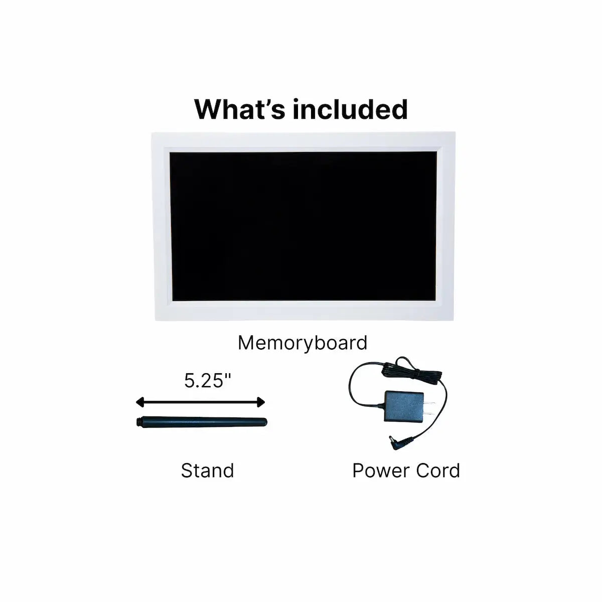 Diagram of included items for a 15-inch Memoryboard with stand and power cord.