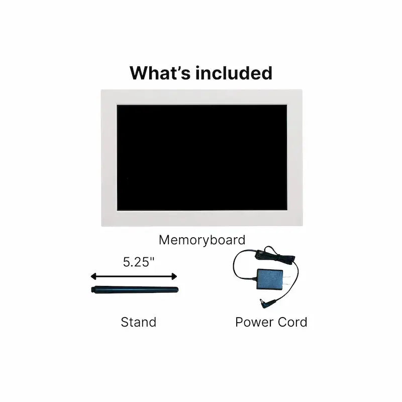 Diagram of included items for a product, including a Memoryboard, stand, and power cord.
