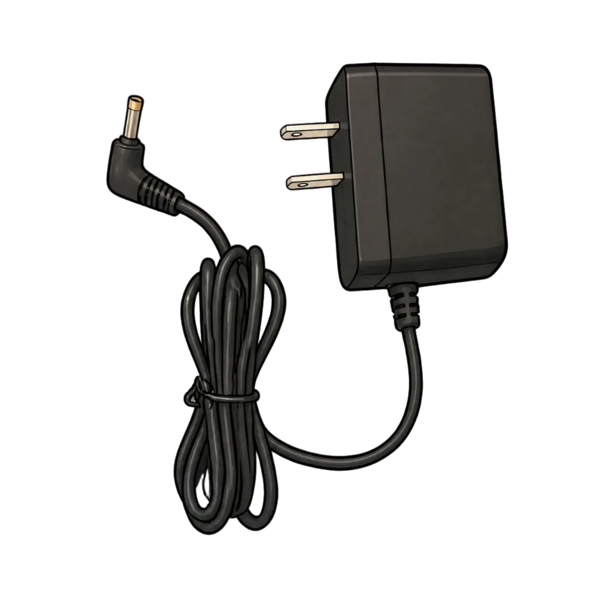 A black wall charger adapter with a coiled black cable, a right-angle DC output plug, and two flat prongs, shown on a plain white background.