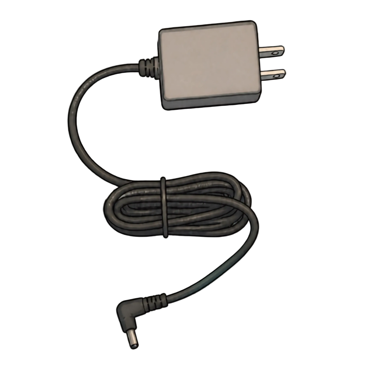 A dark gray power adapter with a coiled cable and a right-angle plug, shown on a white background with a faint grid pattern.